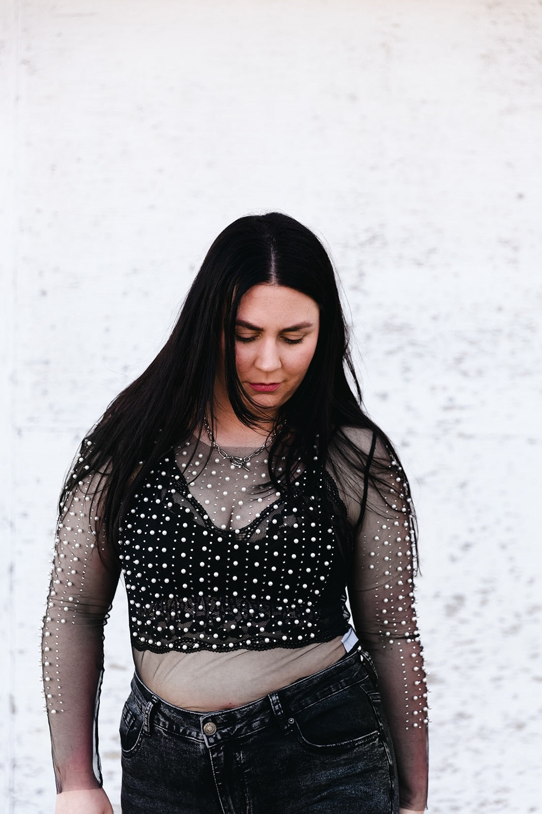 Megan Beaded Mesh Long Sleeve Top