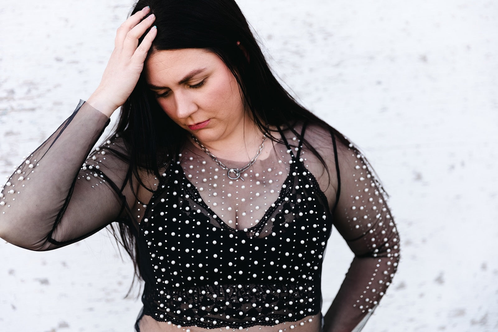 Megan Beaded Mesh Long Sleeve Top