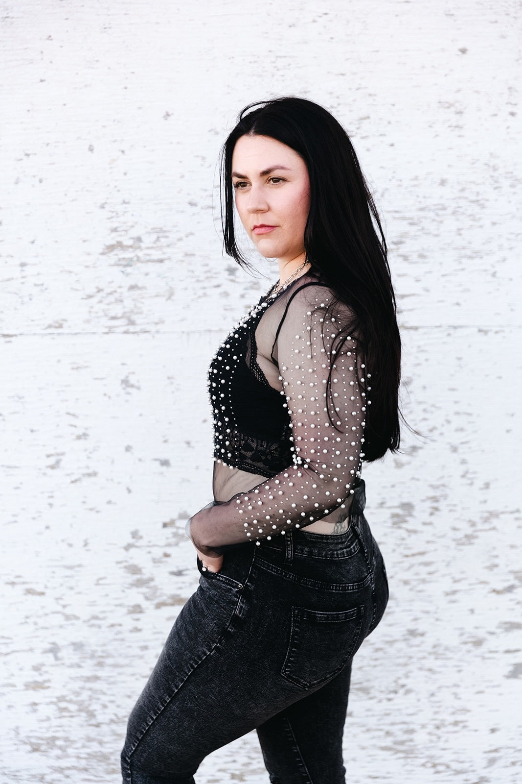 Megan Beaded Mesh Long Sleeve Top