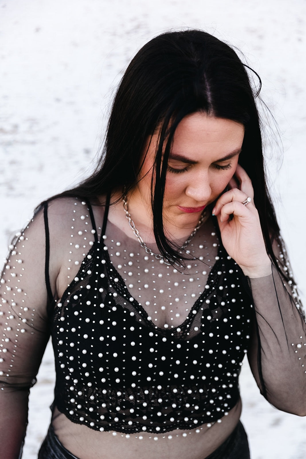 Megan Beaded Mesh Long Sleeve Top