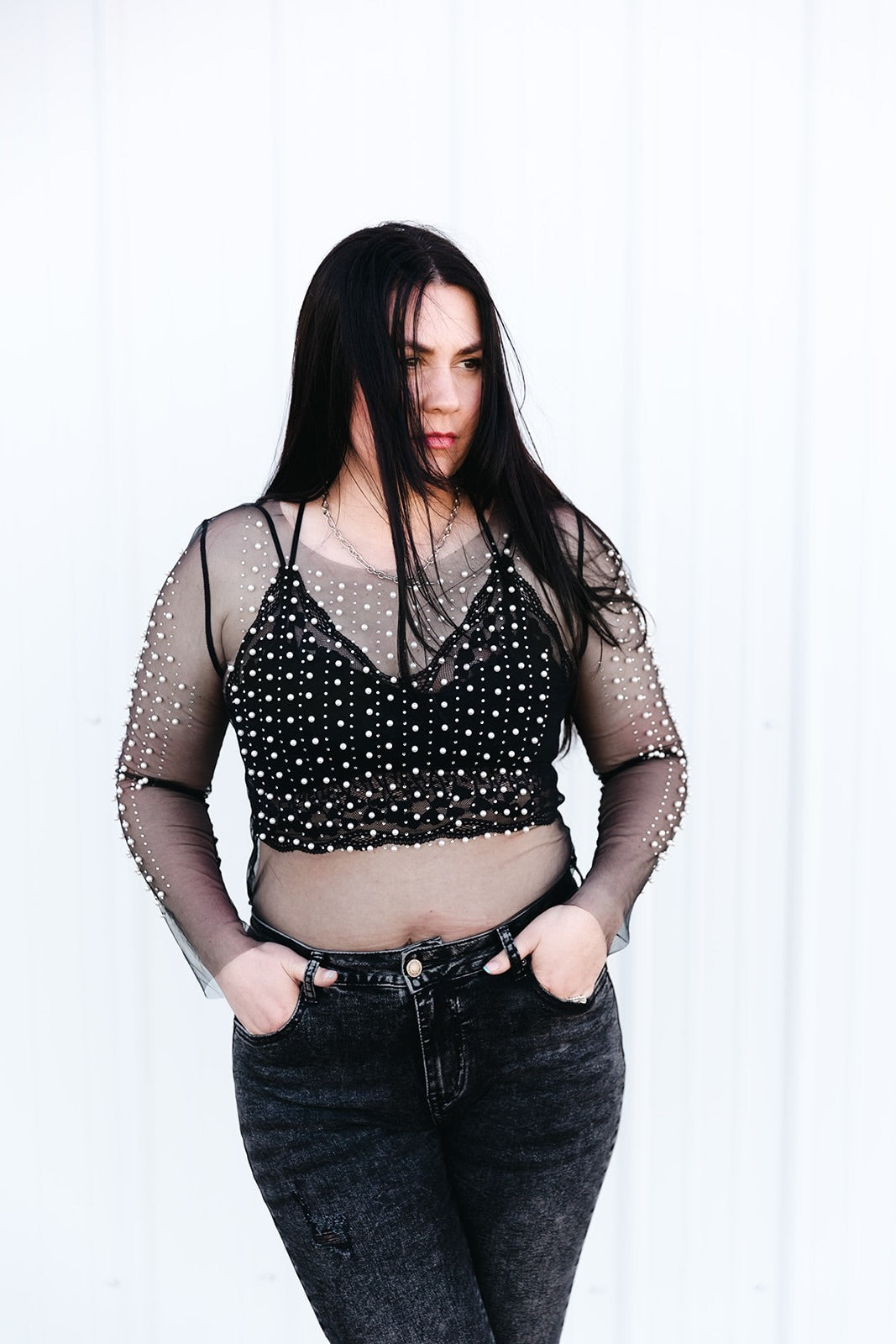 Megan Beaded Mesh Long Sleeve Top