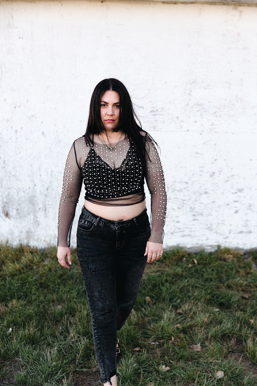 Megan Beaded Mesh Long Sleeve Top