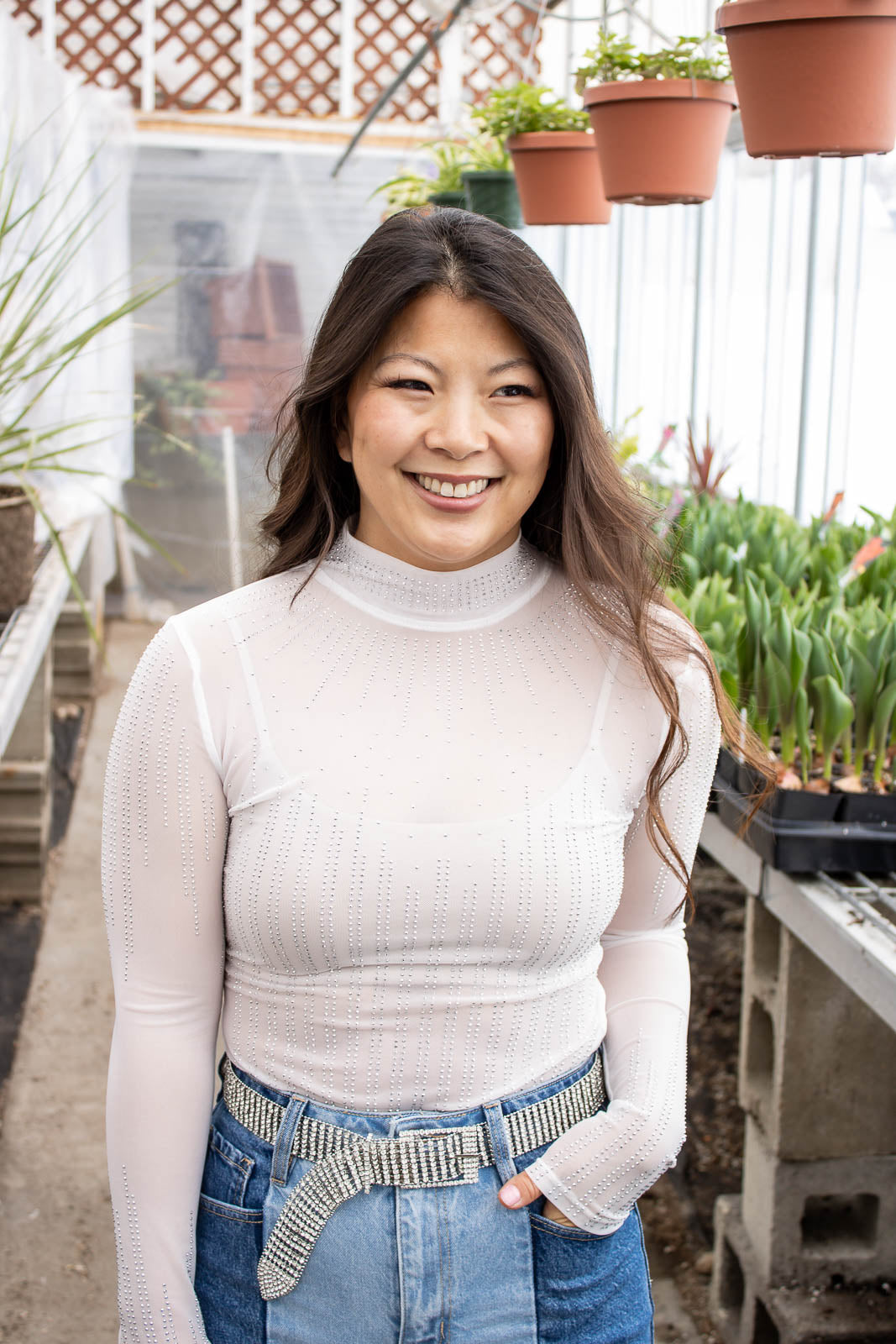 Phoebe Rhinestone Bodysuit-White