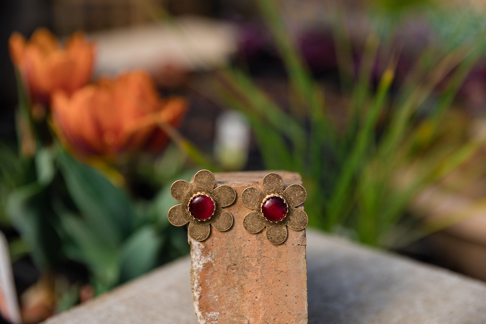 Amber Flower Petal Earrings Ruby