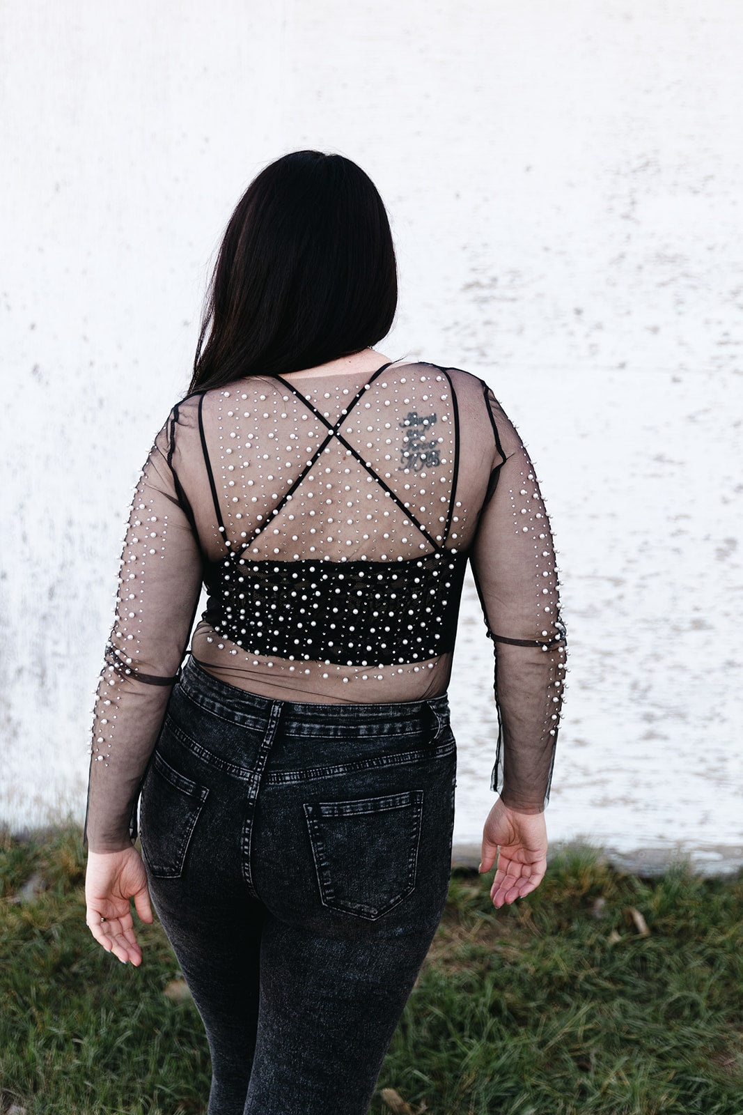 Megan Beaded Mesh Long Sleeve Top