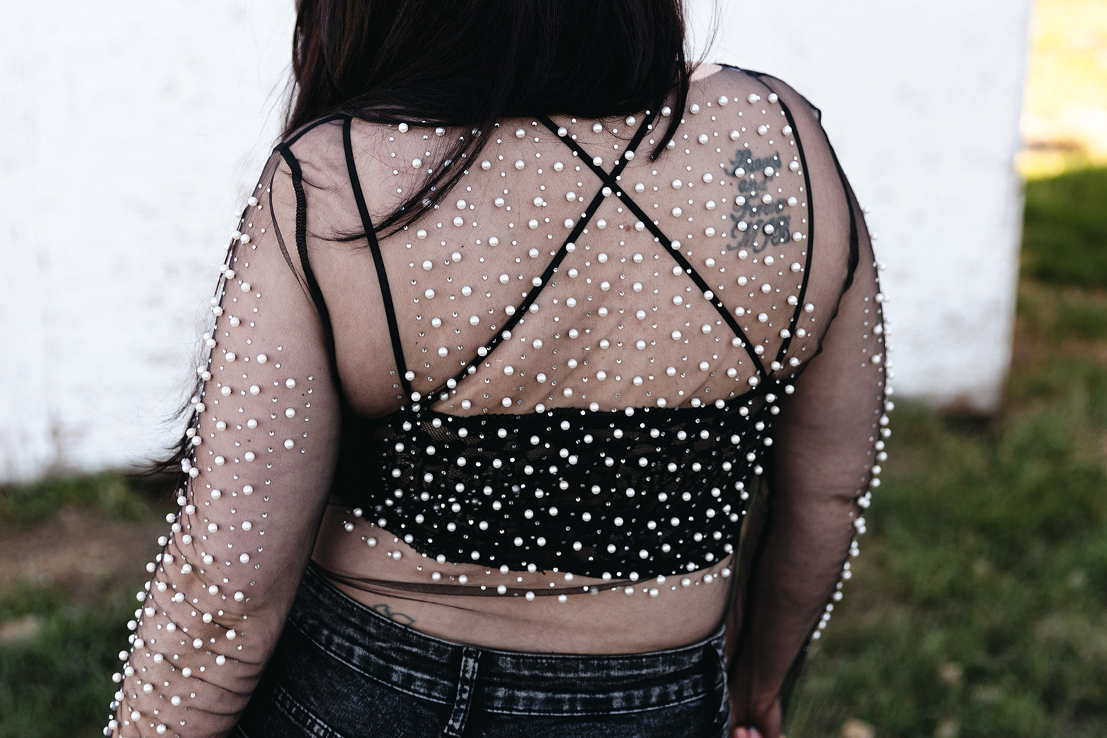 Megan Beaded Mesh Long Sleeve Top