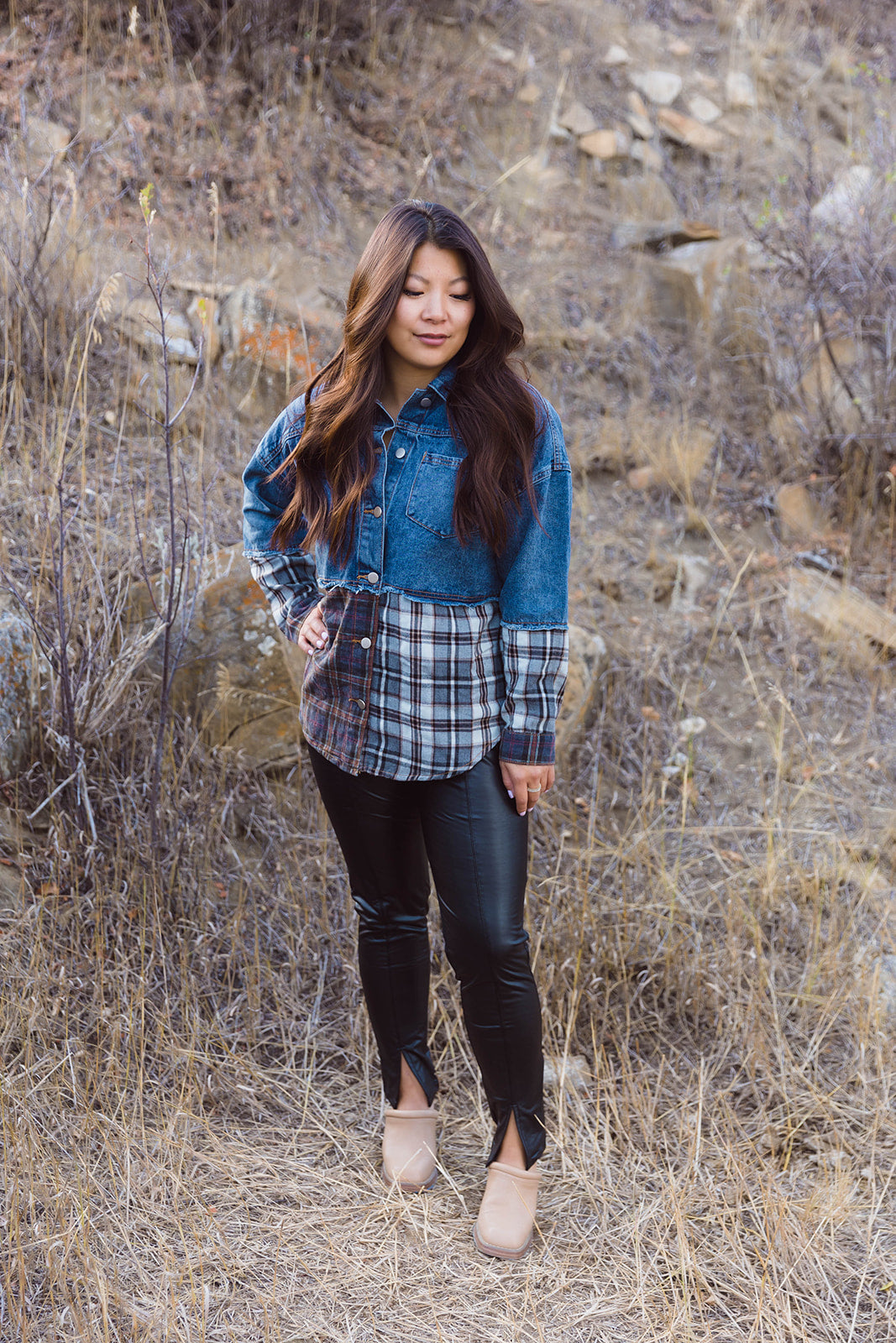 Toni Denim & Plaid Check Button Down Shacket