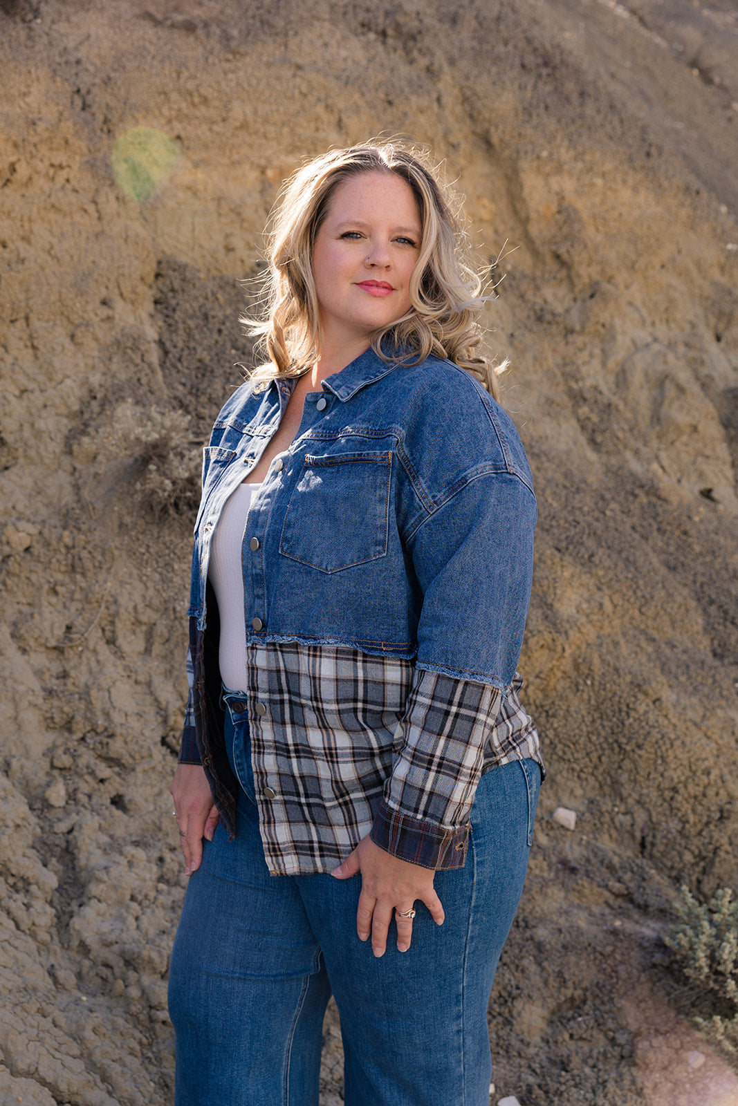 Toni Denim & Plaid Check Button Down Shacket Curvy