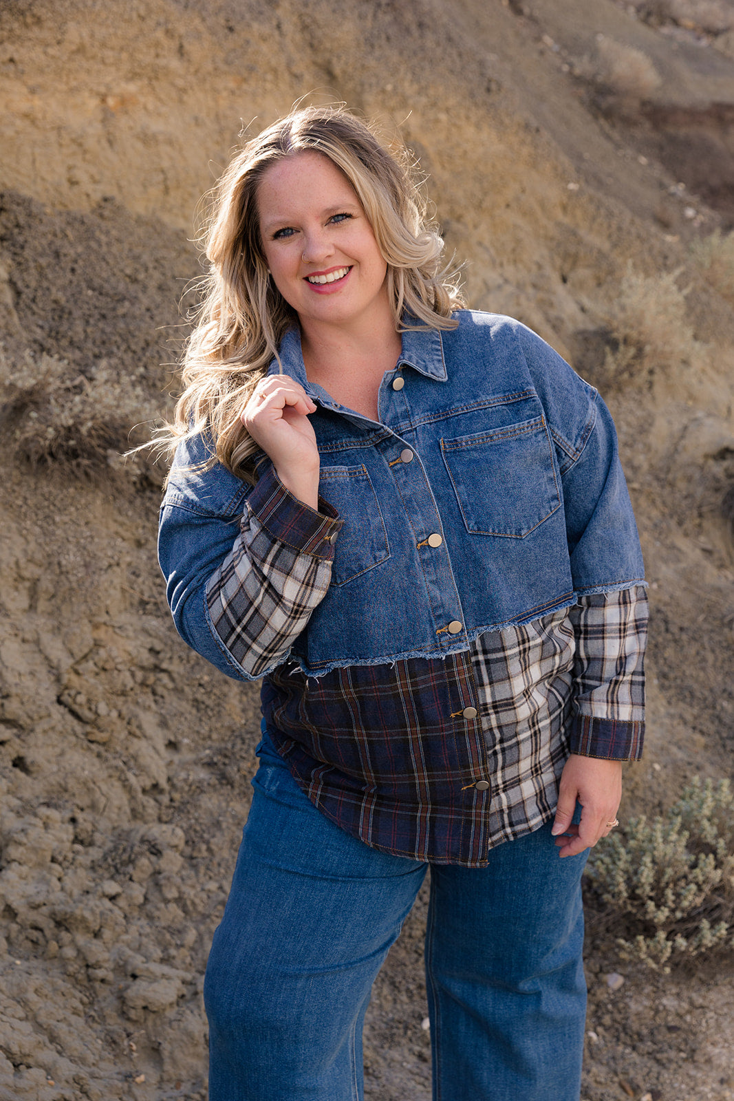 Toni Denim & Plaid Check Button Down Shacket Curvy