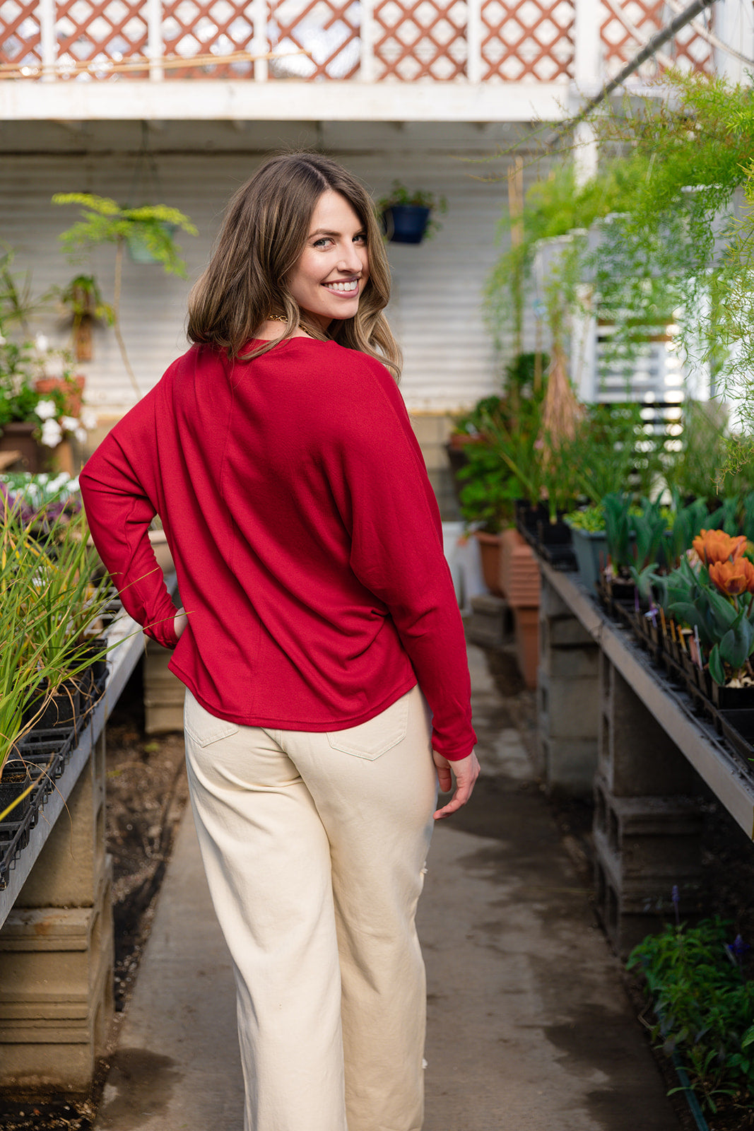Bailey Dolman Long Sleeve Top-Red