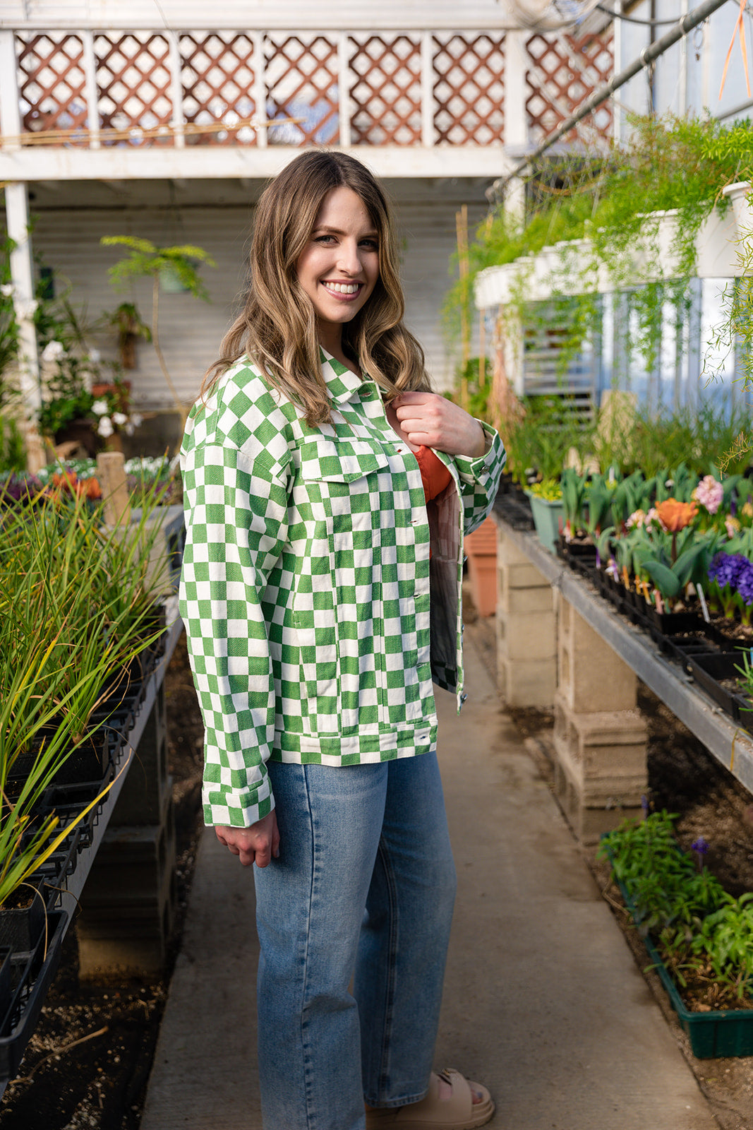 Carlys Green & White Checkered Jean Jacket