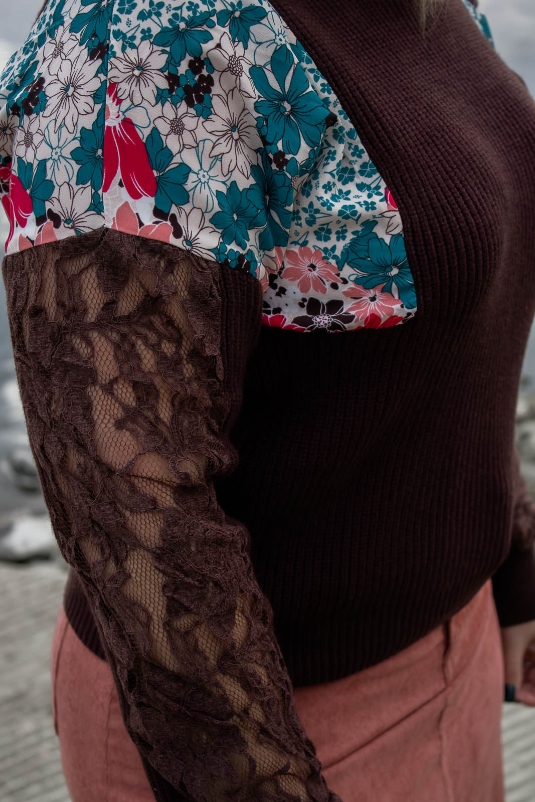 Shannon Lace and Floral Print Inset Sweater