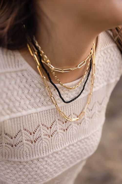 Gold Geometric Chain and Black Bead 4 Strand Necklace