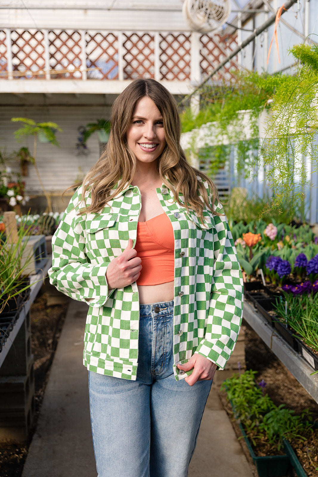 Carlys Green & White Checkered Jean Jacket