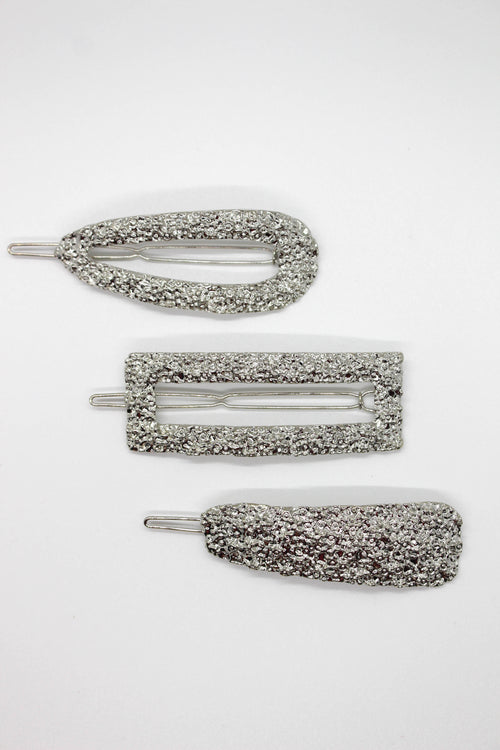 Hammered 3-Piece Hair Clips - SILVER